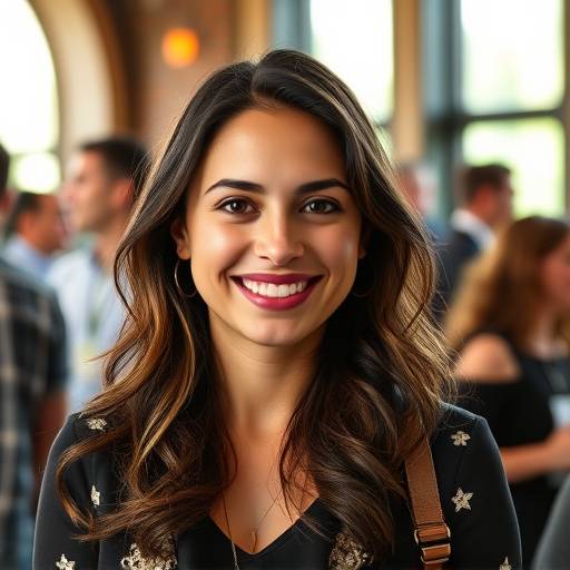 Sofia Gómez, una emprendedora, sonriendo en un evento de networking.