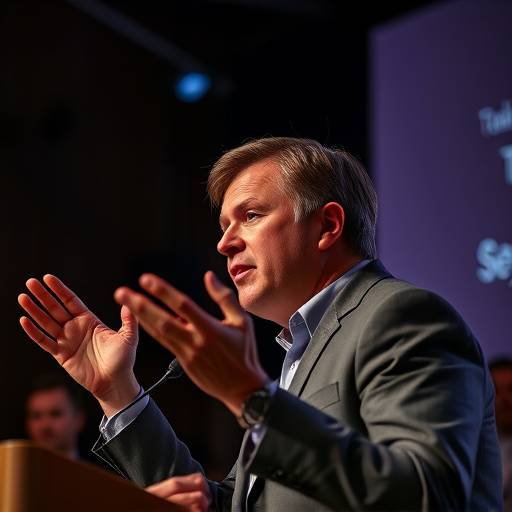 Un orador persuasivo gesticulando con énfasis durante una presentación.
