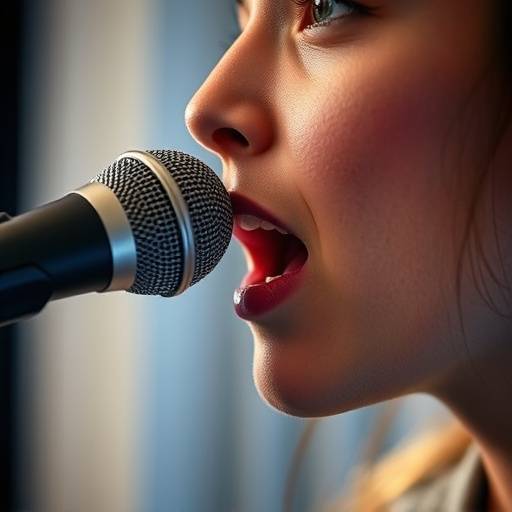 Un primer plano de una persona usando un micrófono durante un entrenamiento vocal.